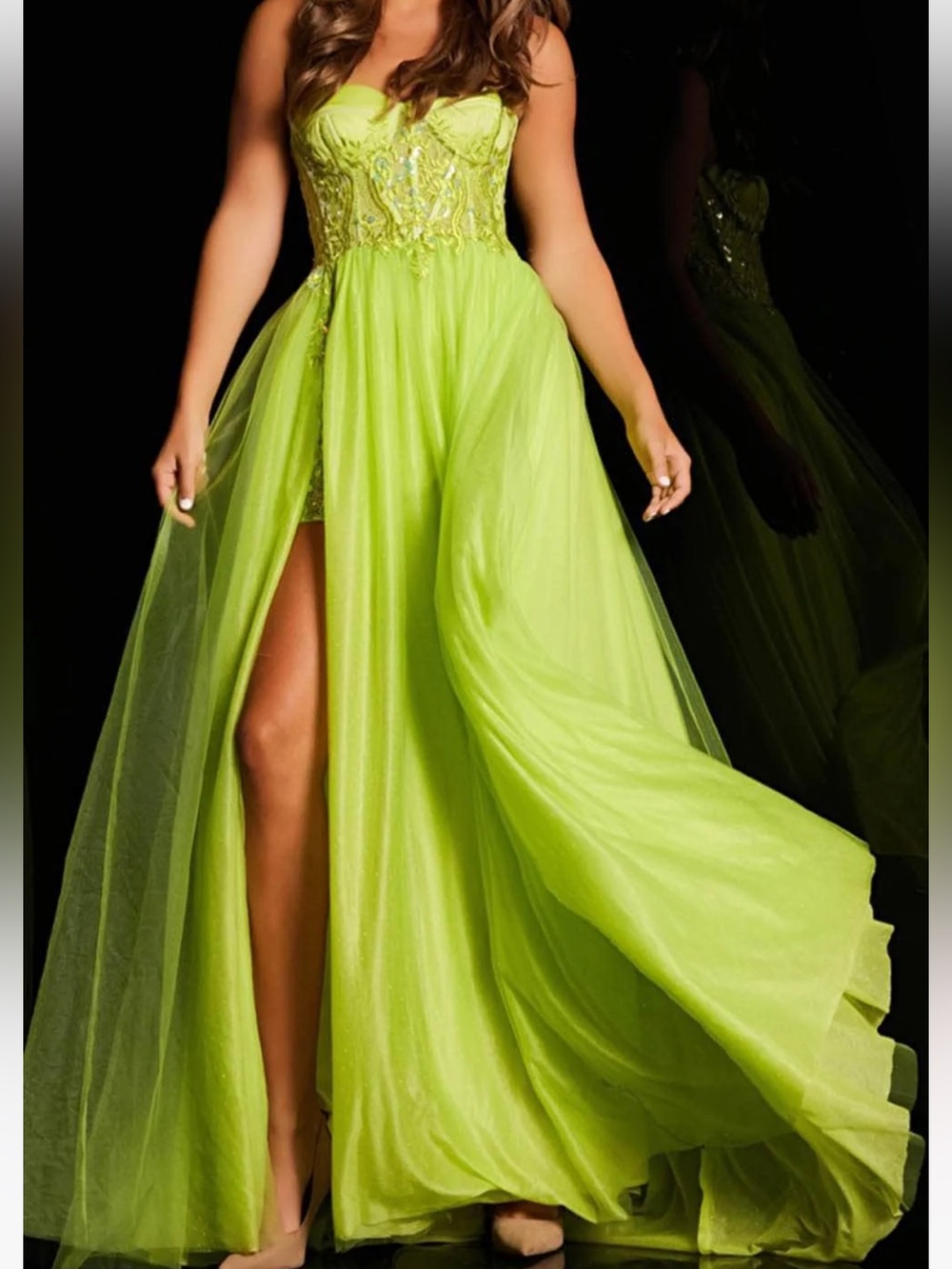 JVN by Jovani Sz 00 Lime Green High-Low Skirt Gown with Front Slit